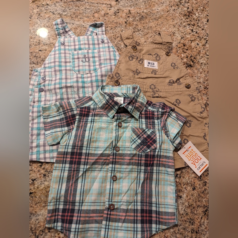 Three piece, two full outfits, brand new. Just one you, two onesies and a shirt.